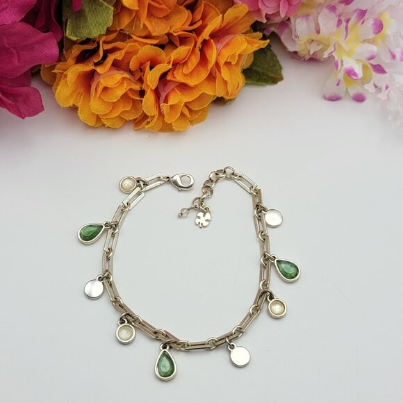 Lucky Brand Silver Tone Green Teardrop Crystal Charm Bracelet/Anklet 9" Adj. - Picture 1 of 8
